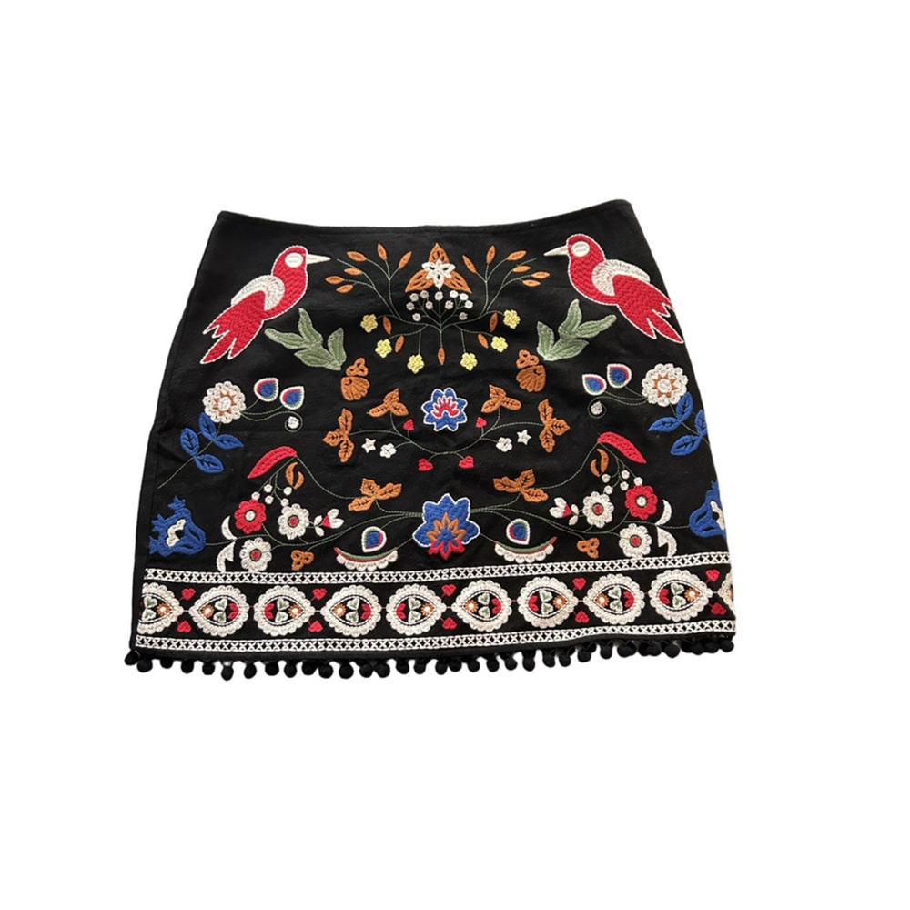 Umgee Black Multicolor Embroidered Mini Skirt Birds Pom Trim Sz L NWT - Picture 3 of 13
